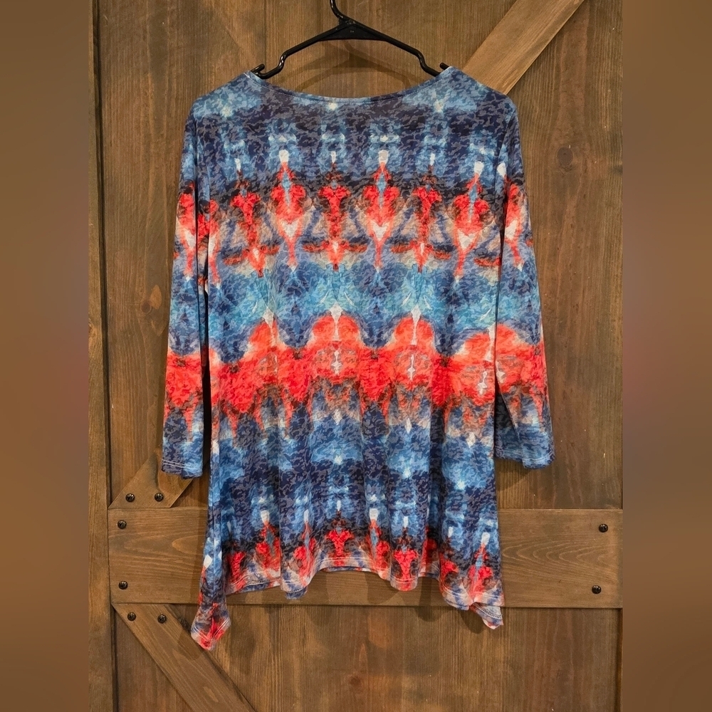 Ruby Rd. Knit Embellished Blue and Red Tie Die Tunic Size Large - Picture 3 of 4